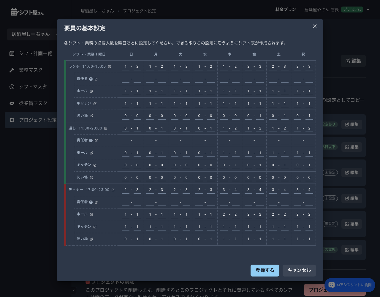 プロジェクトの要員の基本設定