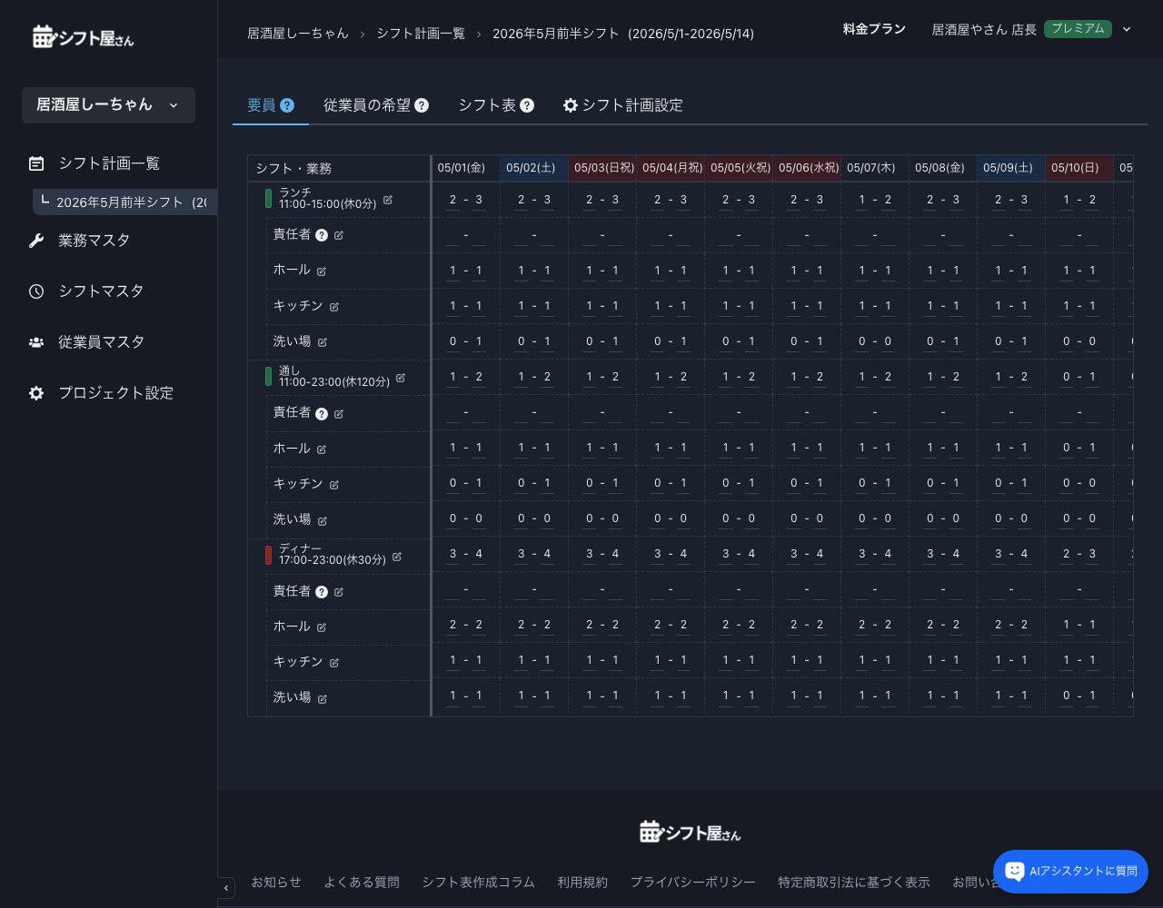 シフト計画詳細画面