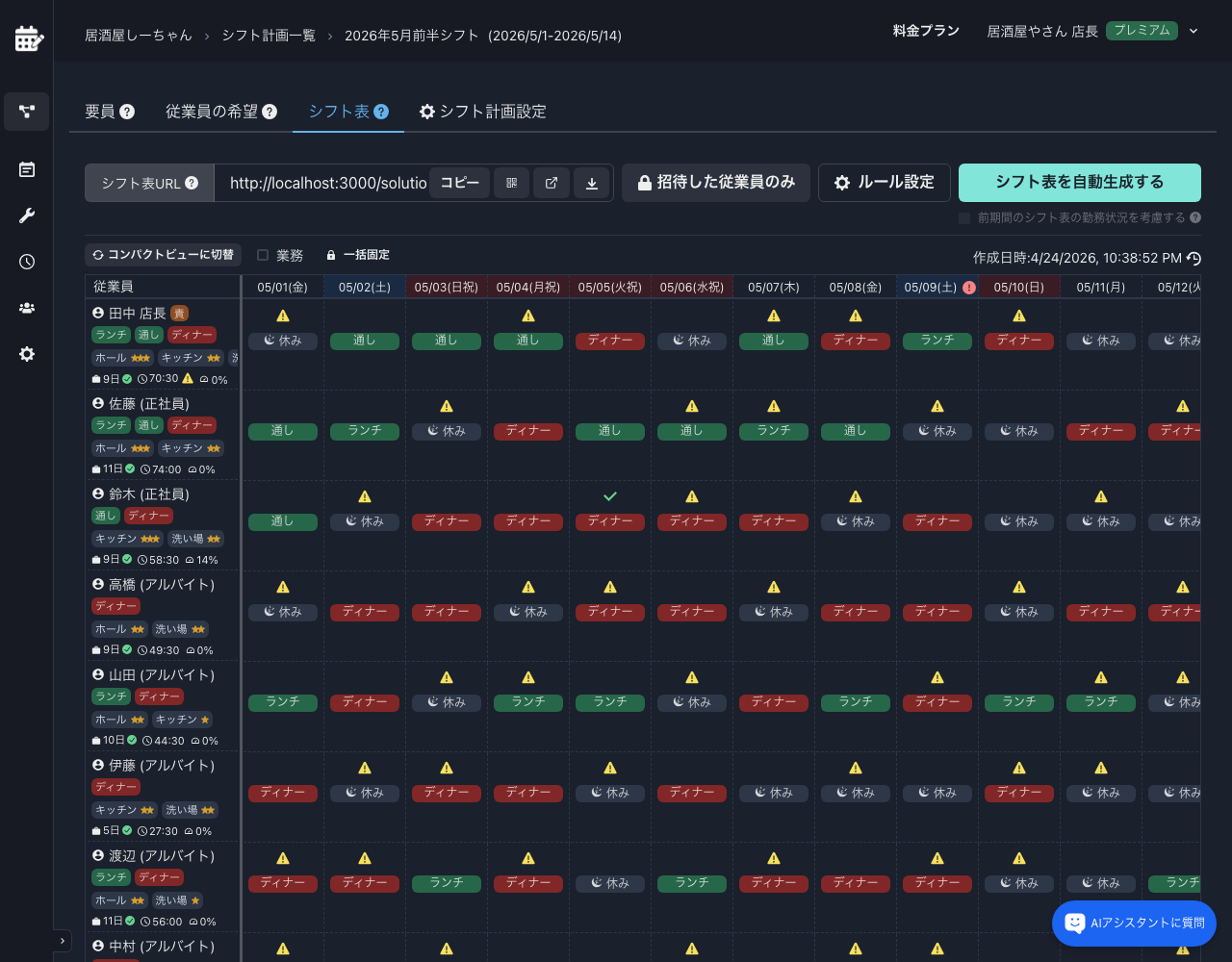自動生成後のシフト表